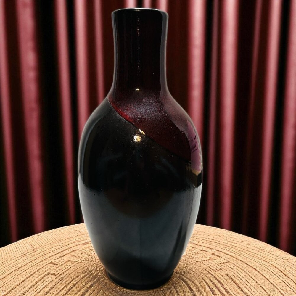 Vintage Hosley TM Potteries Art Ceramic Maroon & Black 14.5" Tall Glossy Vase